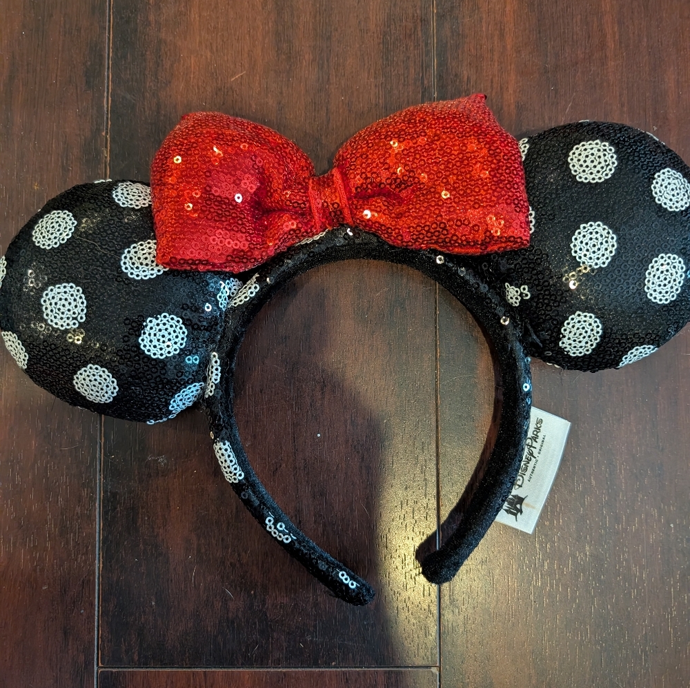 Disney Parks Black White Polka Dot Red Sequin Bow Minnie Mouse Ear Headband